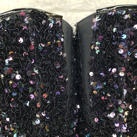 3020 Black Multi Stretch Sequin Platform 7" Heels Thigh High Boots - Picture 9 of 10